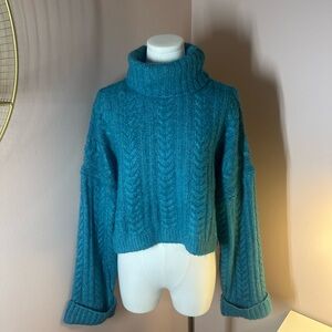Vici Georgie Teal/Turquoise Cable Knit Turtleneck Pullover Sweater